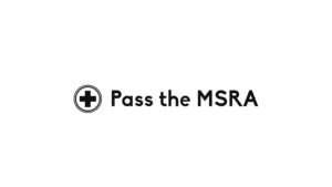 "Minimalistic logo for 'Pass the MSRA' featuring a black cross inside a circle to the left of the text 'Pass the MSRA' in bold, black font on a white background."